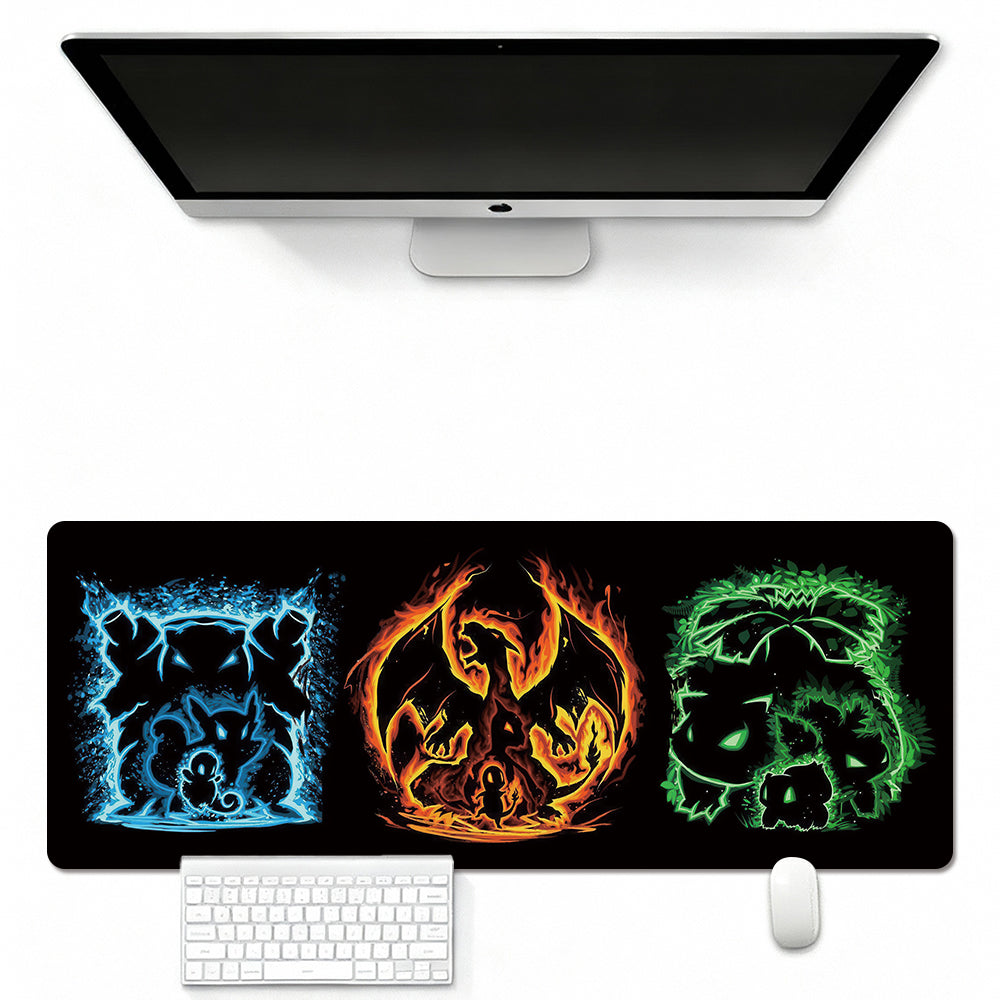 Mouse Pad Featuring Poke-Style Fire Dragon, Aqua Turtle & Leaf Beast Silhouette