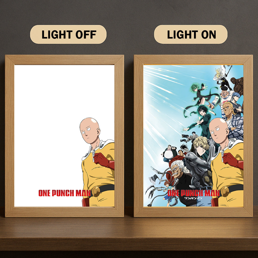 Saitama 3-Color Light Painting with Wooden Frame  One Pun-ch Man