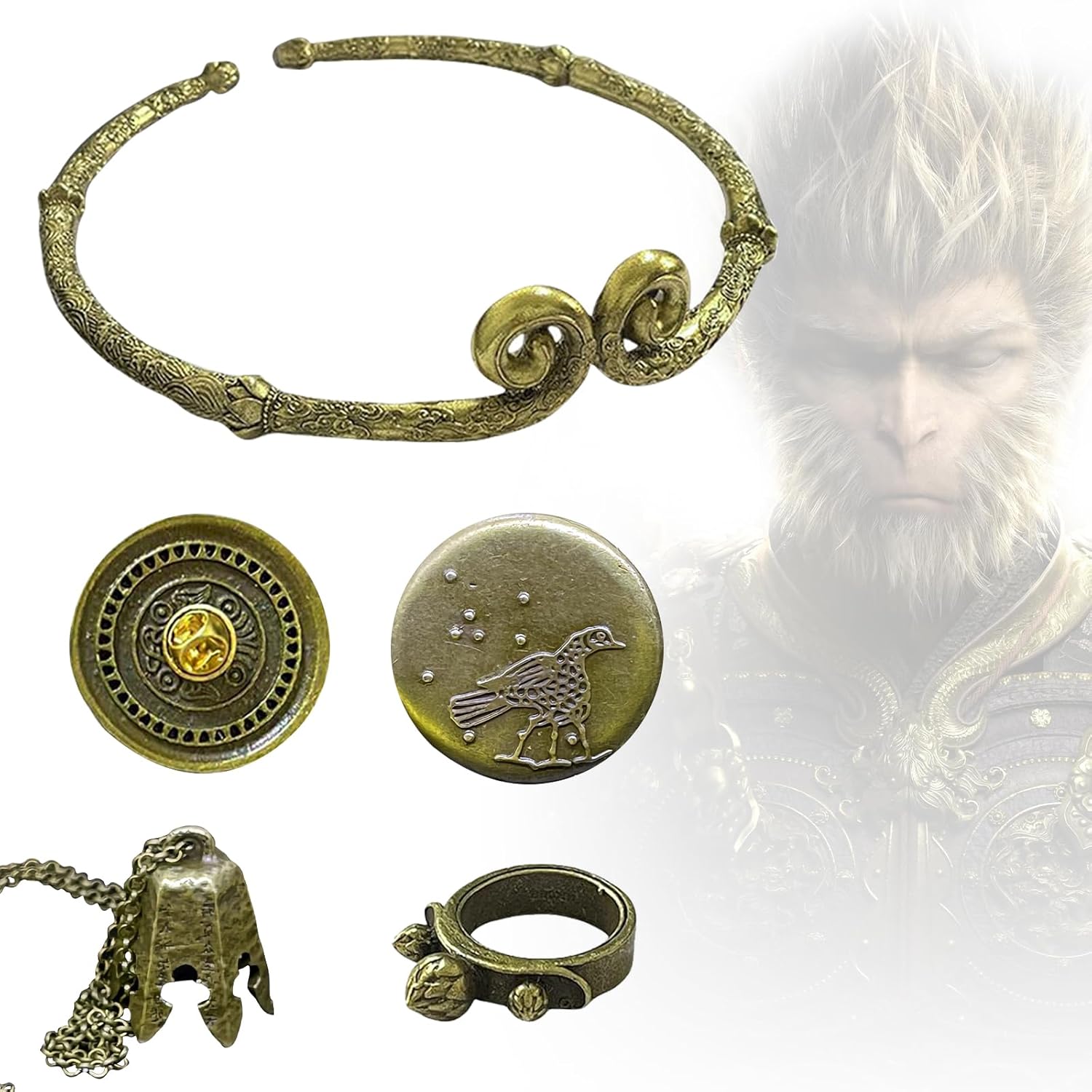 Black Myth: Wu Kong Limited Collector's Edition Set, 1:1 Scale Headband, Chime Necklace, Ring, Crow Pin, Zinc Alloy,Gaming Merch Gift for Gamers & Collectors.(PS5 Game Not Included)