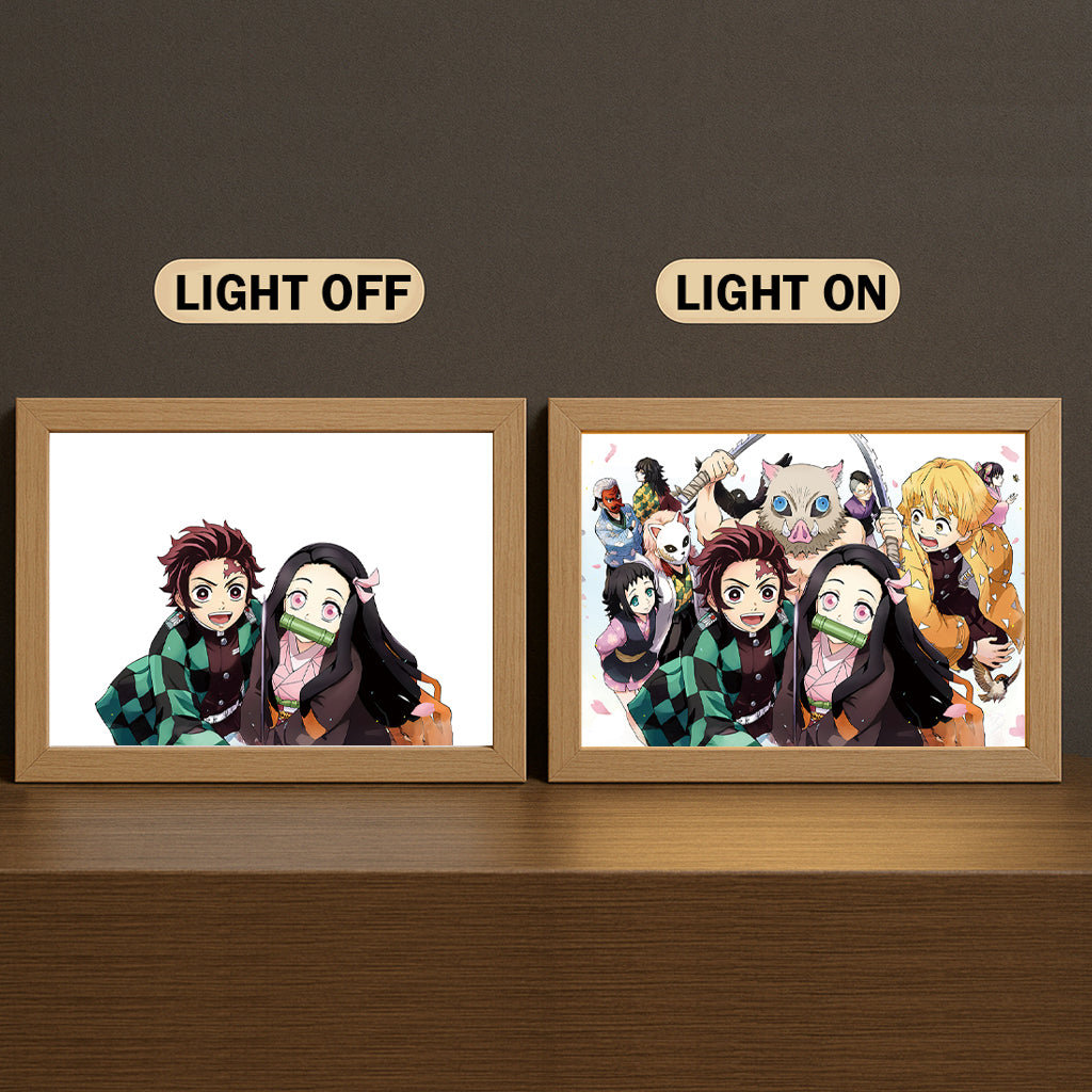 Tanjiro Kamado Nezuko Kamado 3-Color Light Painting with Wooden Frame De-mon Slay-er: Ki-me-tsu no Ya-i-ba