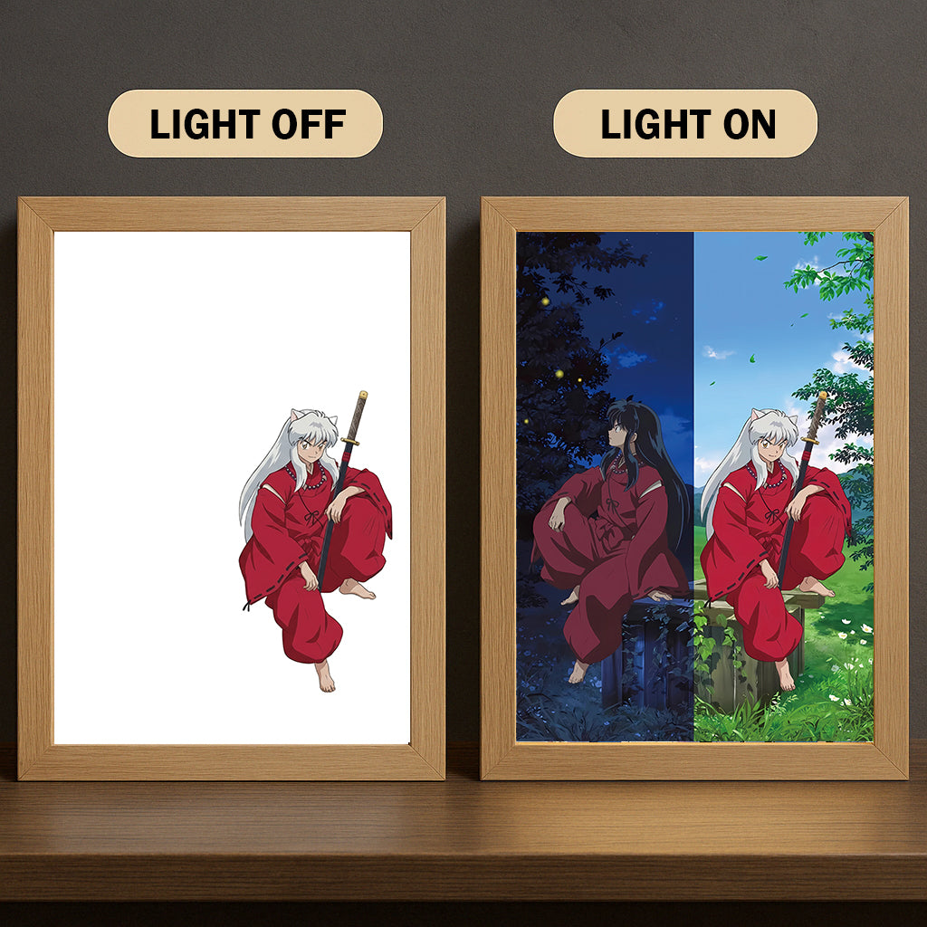 In-u-ya-sha and Kikyo 3-Color Light Painting with Wooden Frame In-u-ya-sha