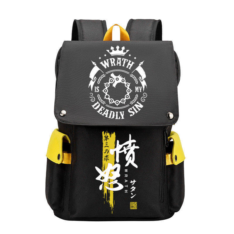The Seven Deadly Sins Backpack with USB Charging Port Featuring Pride and Greed
