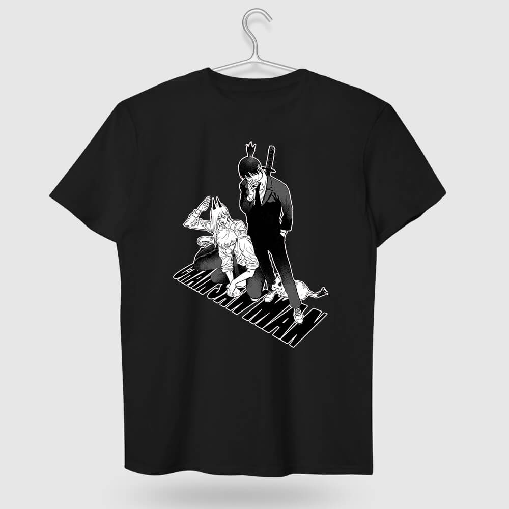 Chainsaw Man Protagonists T-shirt Black Cotton Shirt with Anime Trio Print