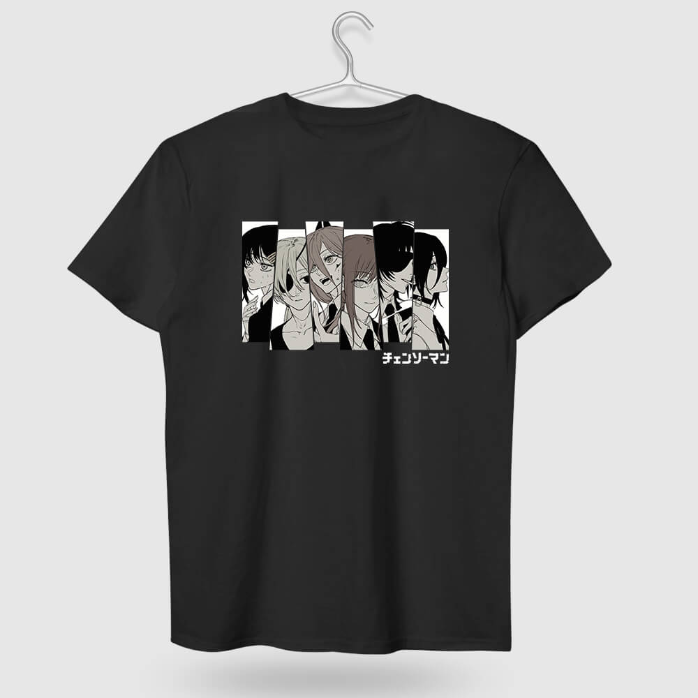 Black Anime Graphic T-shirt with Chainsaw Man Characters in Monochrome Style