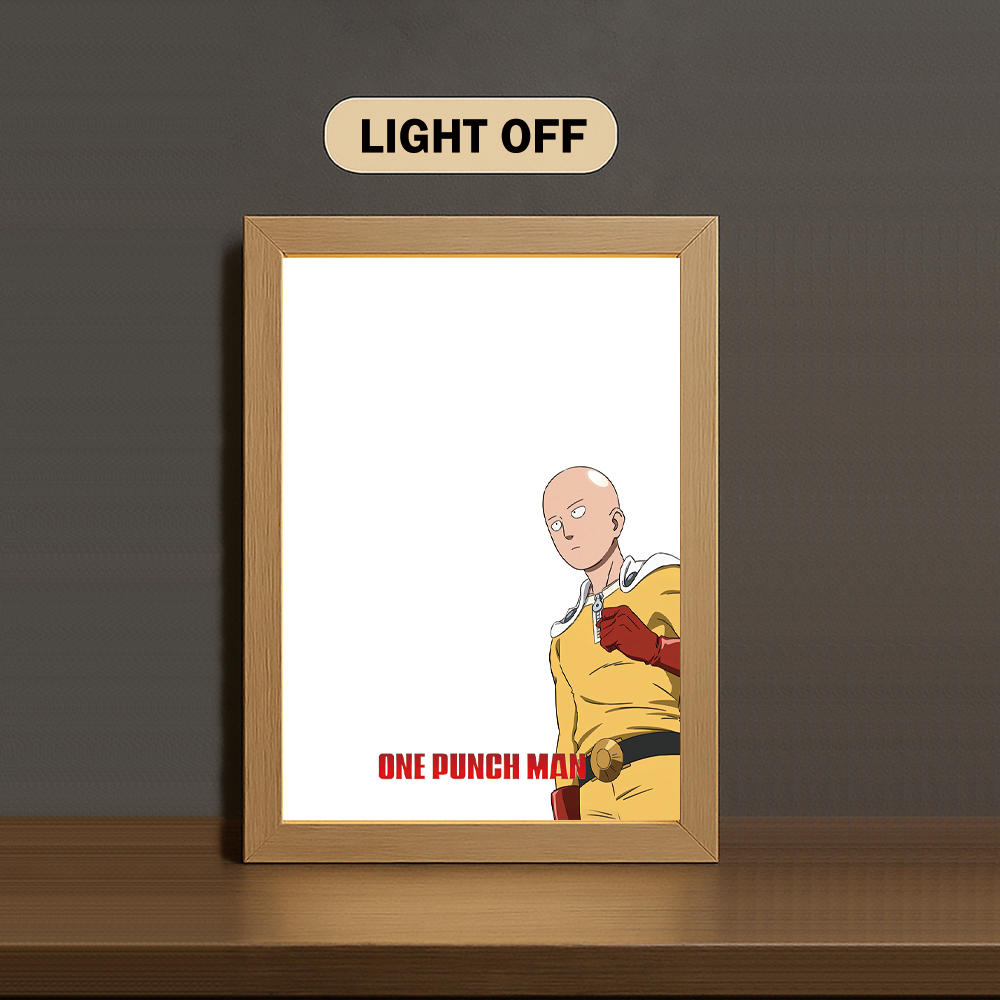 Saitama 3-Color Light Painting with Wooden Frame  One Pun-ch Man