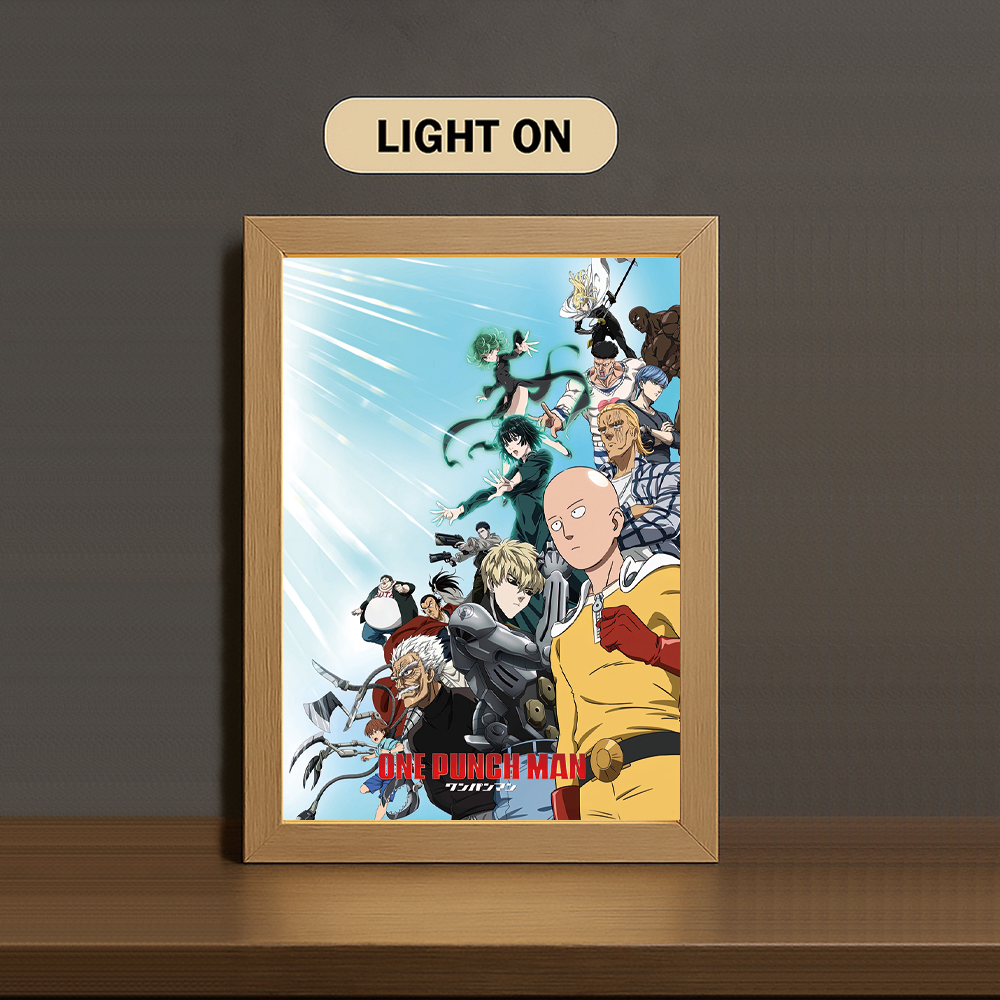 Saitama 3-Color Light Painting with Wooden Frame  One Pun-ch Man