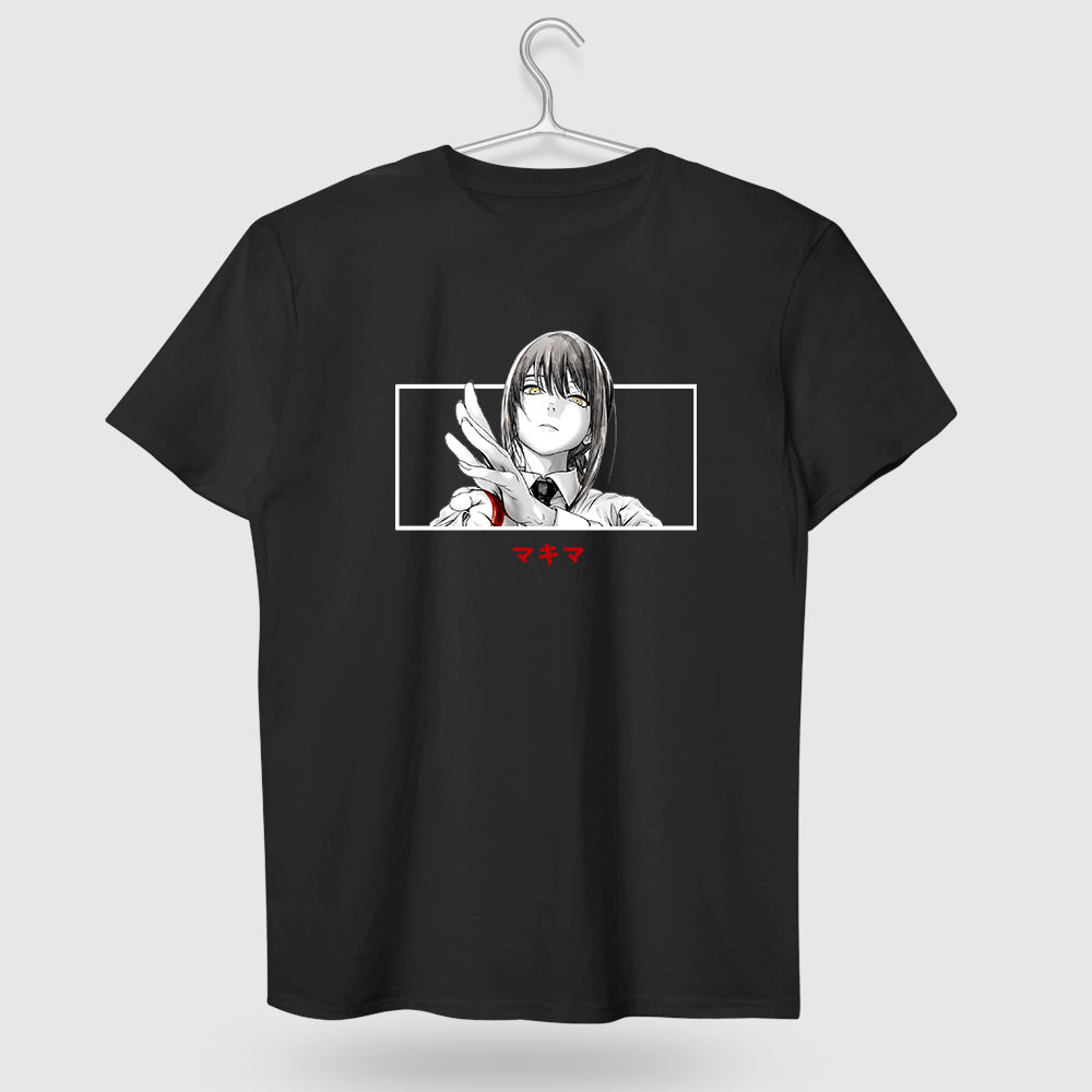 Chainsaw Man Makima T-shirt Black Cotton Shirt with Anime Trio Print