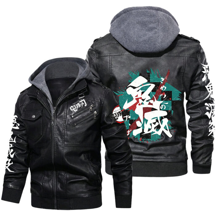 AD001 Leather Jacket Featuring Dem0n Slayer Green Black Checkered Kanji Graphic