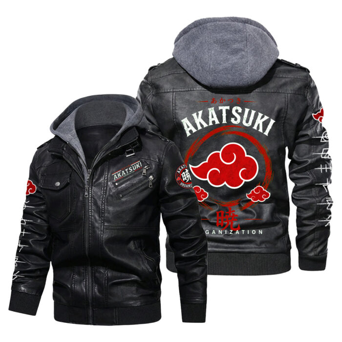 AB002 Leather Jacket Featuring Narut0 Akatsuk1 Red Cloud Organization Graphic