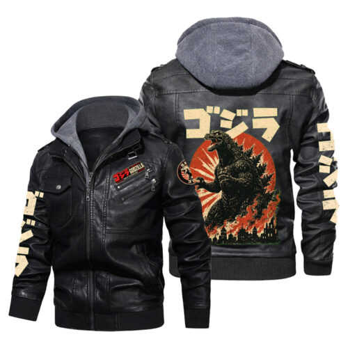 BM002 Leather Jacket Featuring Godz1lla Rising Sun Monster City Fire Graphic