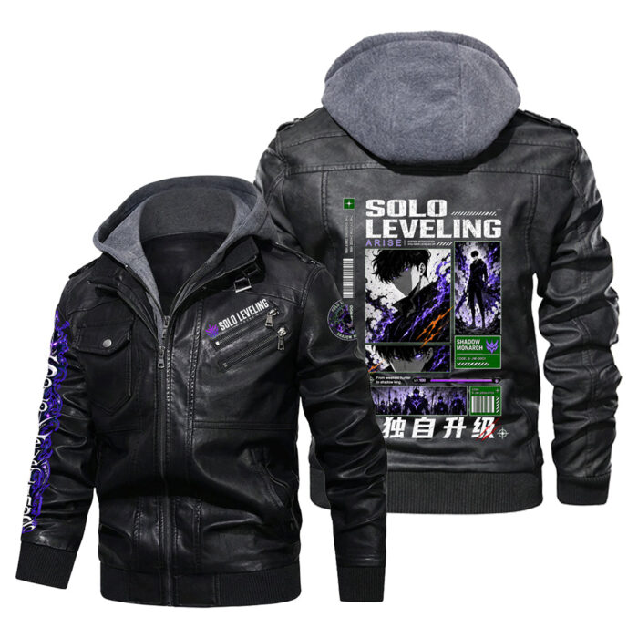 CC001 Leather Jacket Featuring S0lo Leveling Shad0w Monarch Purple Energy Character Panel Graphic