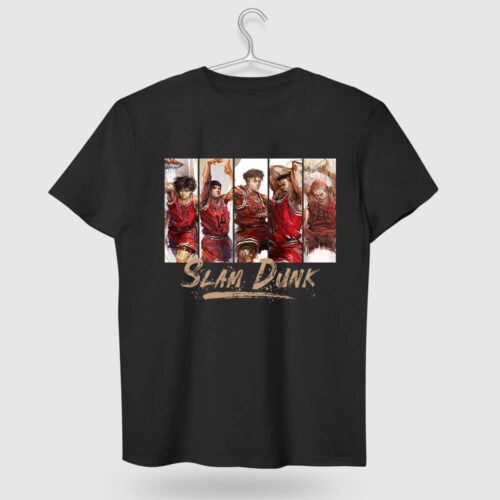 Slam Dunk Anime Quintet Dunking Tee Black Cotton Shirt with Main Characters Print