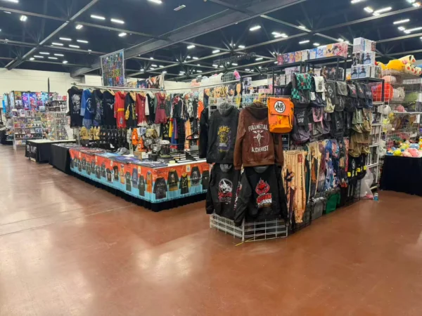 Anime apparel and accessories displayed at the Komikku Villa convention booth
